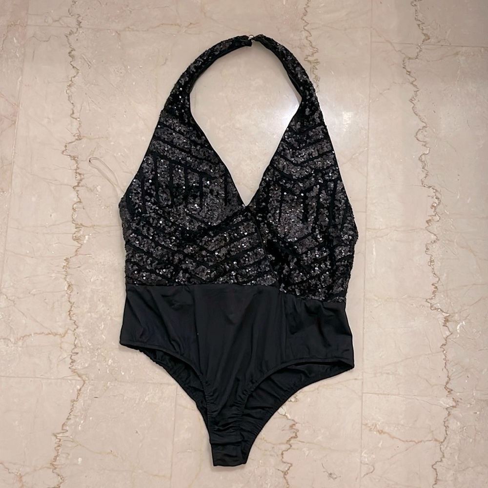 Shinestar Halter Sequin Bodysuit with Low Back